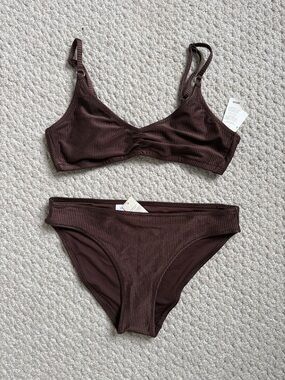 Aerie Brown Ribbed Bikini Top (L) & Bottom (M)